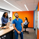 **

Prompt: *A vibrant office scene with employees looking refreshed and energized after returning from their Tech Sabbaticals. Some are collaborating on a whiteboard filled with innovative ideas, others are presenting new projects with confidence. The overall atmosphere is positive and collaborative, showcasing increased productivity and creativity. Focus on modern office design and diverse professionals.*

**