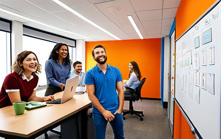 **
Prompt: *A vibrant office scene with employees looking refreshed and energized after returning from their Tech Sabbaticals. Some are collaborating on a whiteboard filled with innovative ideas, others are presenting new projects with confidence. The overall atmosphere is positive and collaborative, showcasing increased productivity and creativity. Focus on modern office design and diverse professionals.*
**
