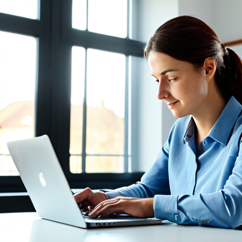 A female digital volunteer, fully clothed in modest, comfortable professional attire, thoughtfully working on a laptop in a bright, modern home office. Sunlight streams through a window revealing a subtle, serene view. On the desk are a notebook and a cup of coffee, indicating focused work. The atmosphere is calm and purposeful, reflecting a tech sabbatical dedicated to social good. perfect anatomy, correct proportions, natural pose, well-formed hands, proper finger count, professional photography, high quality, safe for work, appropriate content, fully clothed, family-friendly.