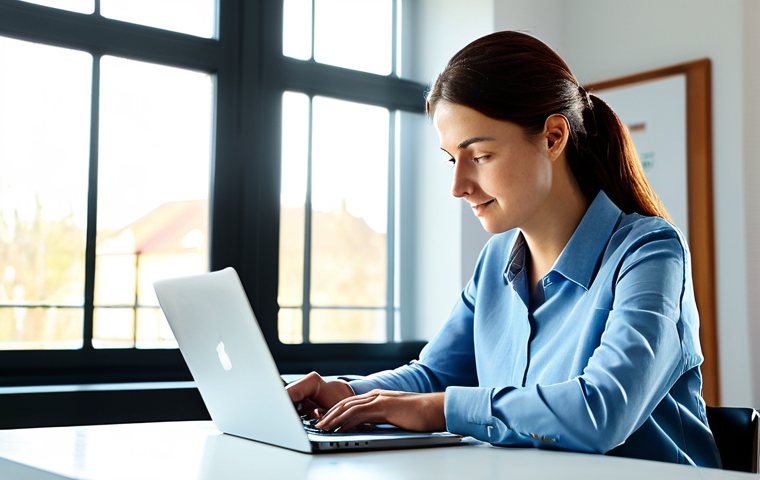 A female digital volunteer, fully clothed in modest, comfortable professional attire, thoughtfully working on a laptop in a bright, modern home office. Sunlight streams through a window revealing a subtle, serene view. On the desk are a notebook and a cup of coffee, indicating focused work. The atmosphere is calm and purposeful, reflecting a tech sabbatical dedicated to social good. perfect anatomy, correct proportions, natural pose, well-formed hands, proper finger count, professional photography, high quality, safe for work, appropriate content, fully clothed, family-friendly.