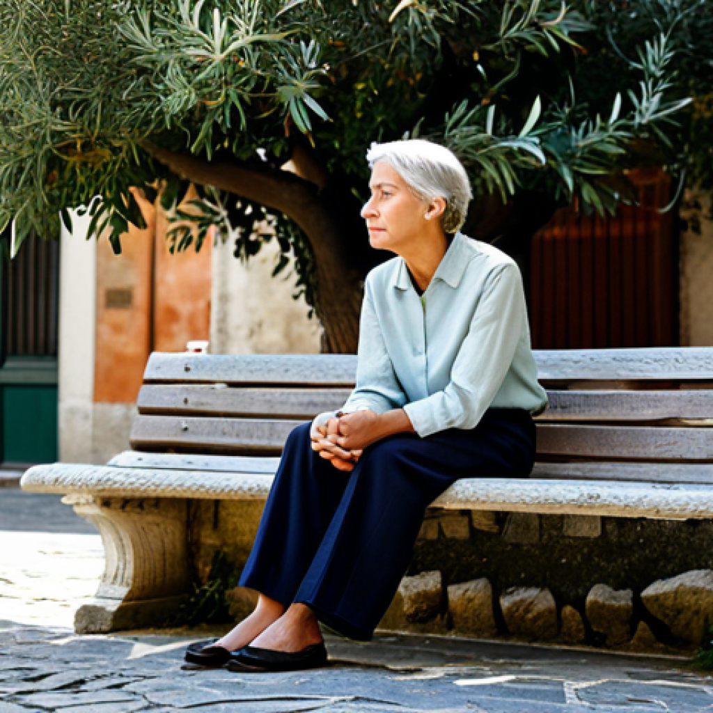 A professional individual, gender-neutral, looking contemplative, wearing a comfortable yet modest and professional outfit, like a linen shirt and tailored trousers. They are sitting peacefully on a stone bench in a quiet, sun-drenched Italian village square, with ancient architecture and olive trees in the background. The atmosphere is serene and timeless, emphasizing slow living and reflection. perfect anatomy, correct proportions, natural pose, well-formed hands, proper finger count, natural body proportions, professional photography, soft natural light, high resolution, safe for work, appropriate content, fully clothed, modest clothing, family-friendly, professional dress.