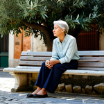 Home 12 A professional individual, gender-neutral, looking contemplative, wearing a comfortable yet modest and professional outfit, like a linen shirt and tailored trousers. They are sitting peacefully on a stone bench in a quiet, sun-drenched Italian village square, with ancient architecture and olive trees in the background. The atmosphere is serene and timeless, emphasizing slow living and reflection. perfect anatomy, correct proportions, natural pose, well-formed hands, proper finger count, natural body proportions, professional photography, soft natural light, high resolution, safe for work, appropriate content, fully clothed, modest clothing, family-friendly, professional dress.