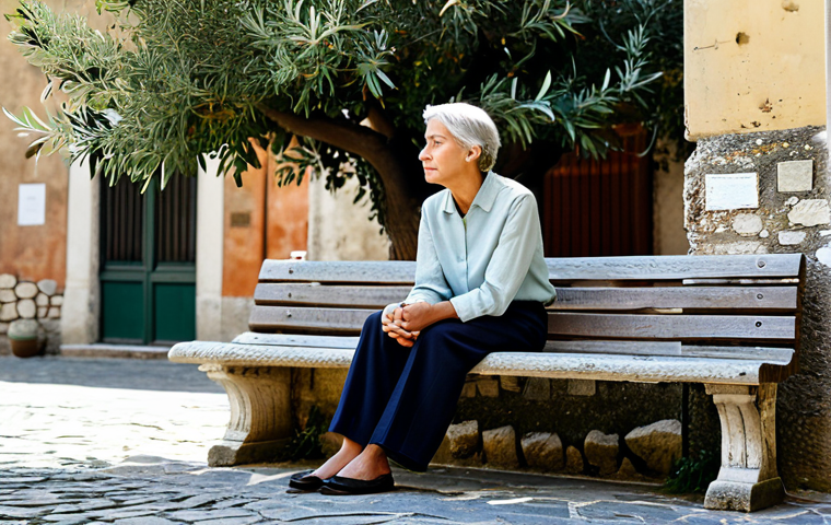 A professional individual, gender-neutral, looking contemplative, wearing a comfortable yet modest and professional outfit, like a linen shirt and tailored trousers. They are sitting peacefully on a stone bench in a quiet, sun-drenched Italian village square, with ancient architecture and olive trees in the background. The atmosphere is serene and timeless, emphasizing slow living and reflection. perfect anatomy, correct proportions, natural pose, well-formed hands, proper finger count, natural body proportions, professional photography, soft natural light, high resolution, safe for work, appropriate content, fully clothed, modest clothing, family-friendly, professional dress.