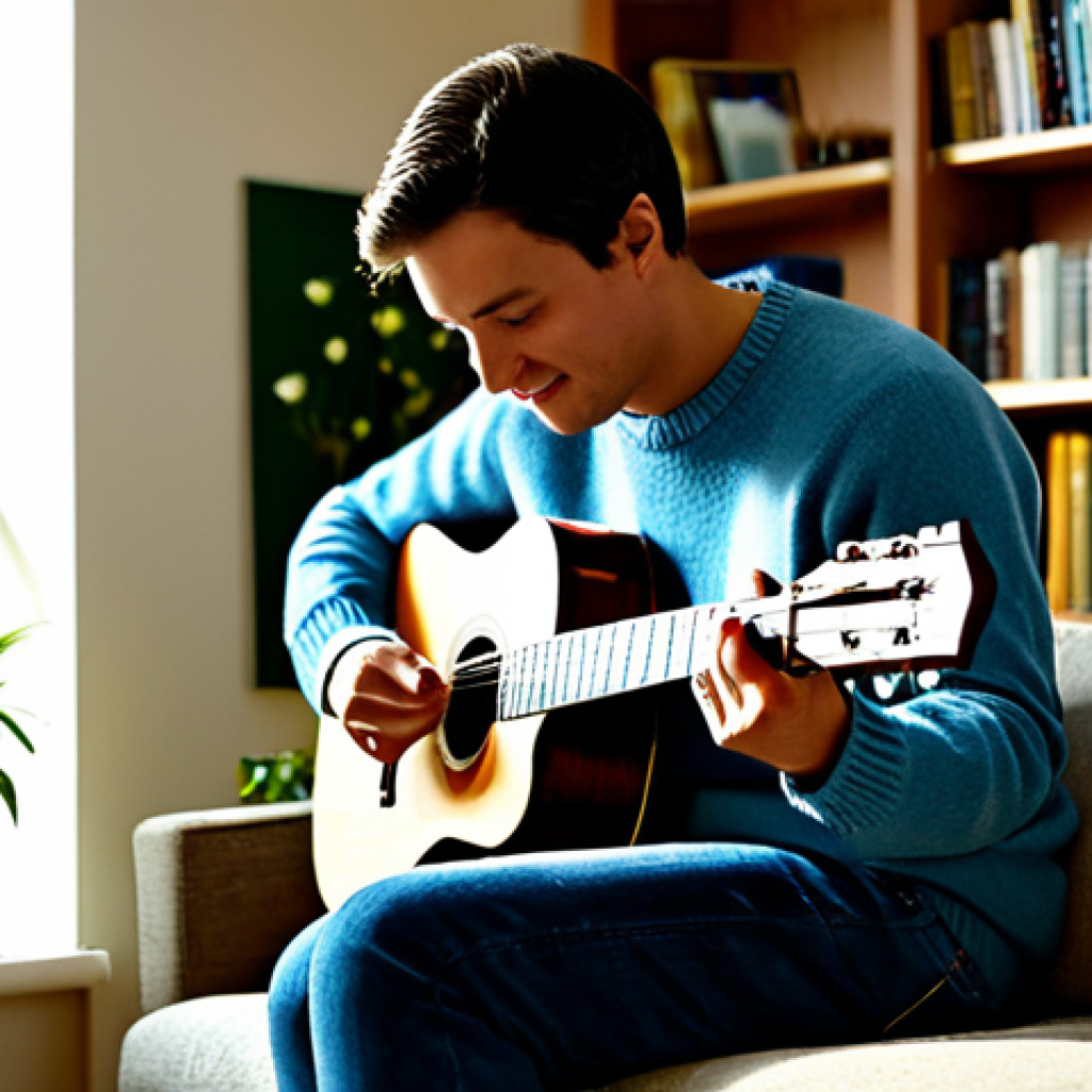 Rediscovering Passion**

A person, possibly late 20s to mid-30s, fully clothed in comfortable, casual attire (jeans and a sweater), deeply engrossed in playing an acoustic guitar in a sunlit room. The room is cozy and inviting, with bookshelves and plants visible in the background. Focus should be on the person's expression of joy and concentration. Perfect anatomy, correct proportions, natural pose. Safe for work, appropriate content, fully clothed, professional, modest, family-friendly. High-quality photography, warm lighting.

**