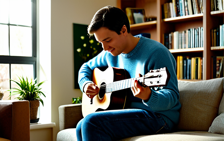 Rediscovering Passion**
A person, possibly late 20s to mid-30s, fully clothed in comfortable, casual attire (jeans and a sweater), deeply engrossed in playing an acoustic guitar in a sunlit room. The room is cozy and inviting, with bookshelves and plants visible in the background. Focus should be on the person's expression of joy and concentration. Perfect anatomy, correct proportions, natural pose. Safe for work, appropriate content, fully clothed, professional, modest, family-friendly. High-quality photography, warm lighting.
**