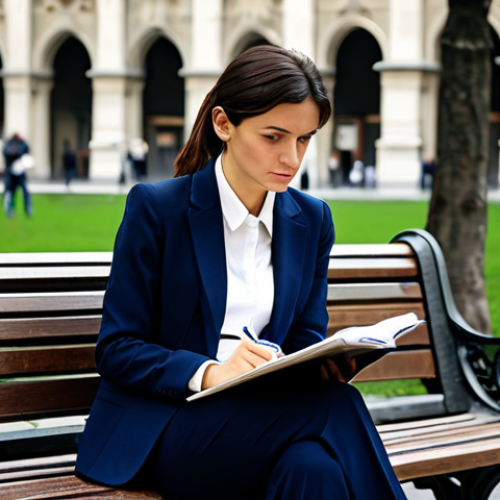Home 21 Career Re-evaluation**
A woman in her late 30s, fully clothed in professional attire (a stylish blazer and slacks), sitting thoughtfully on a park bench in Milan, Italy. She's holding a notebook and pen, looking out at the Duomo in the distance. The scene evokes a sense of contemplation and planning. Safe for work, appropriate content, professional, modest clothing, perfect anatomy, natural proportions, high quality, realistic style.
**