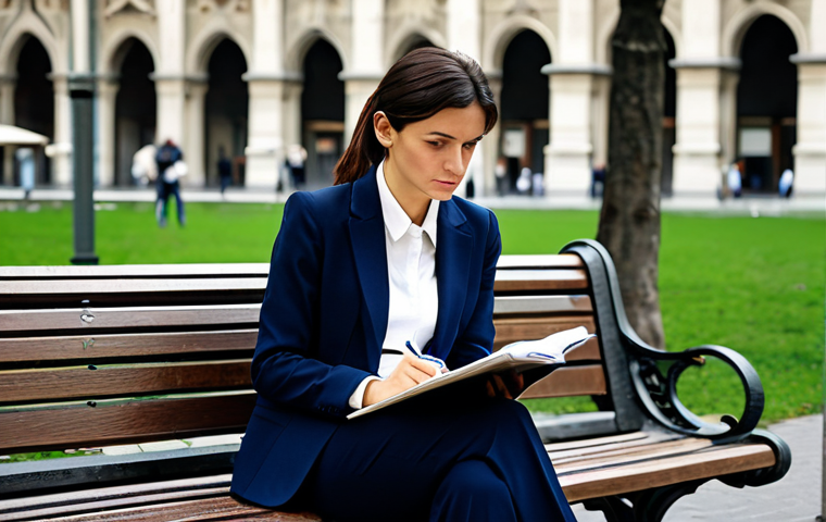 Career Re-evaluation**
A woman in her late 30s, fully clothed in professional attire (a stylish blazer and slacks), sitting thoughtfully on a park bench in Milan, Italy. She's holding a notebook and pen, looking out at the Duomo in the distance. The scene evokes a sense of contemplation and planning. Safe for work, appropriate content, professional, modest clothing, perfect anatomy, natural proportions, high quality, realistic style.
**
