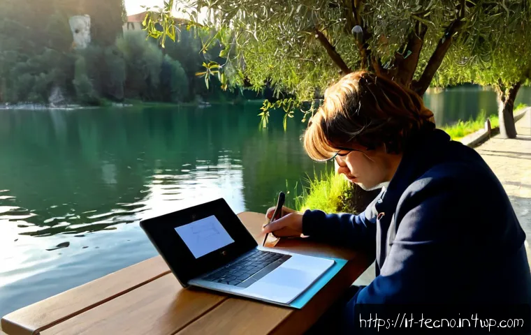 Home 17 테크노 사바티컬을 위한 혁신적 아이디어 - Photorealistic Italian professional on a technology sabbatical, seated at a quiet lakeside coworking...